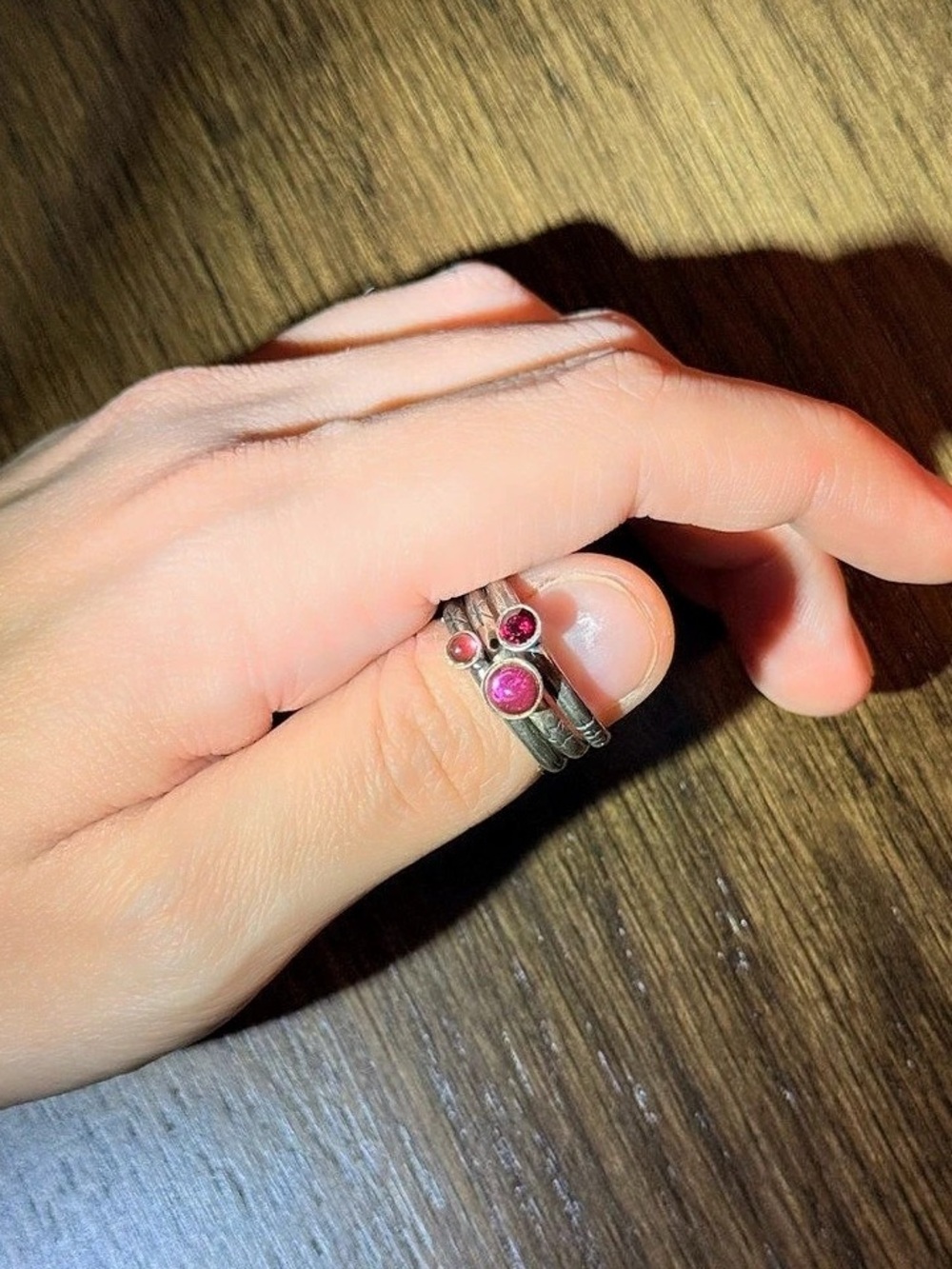 Sterling Silver & Pink Gemstone Ring - set of three
